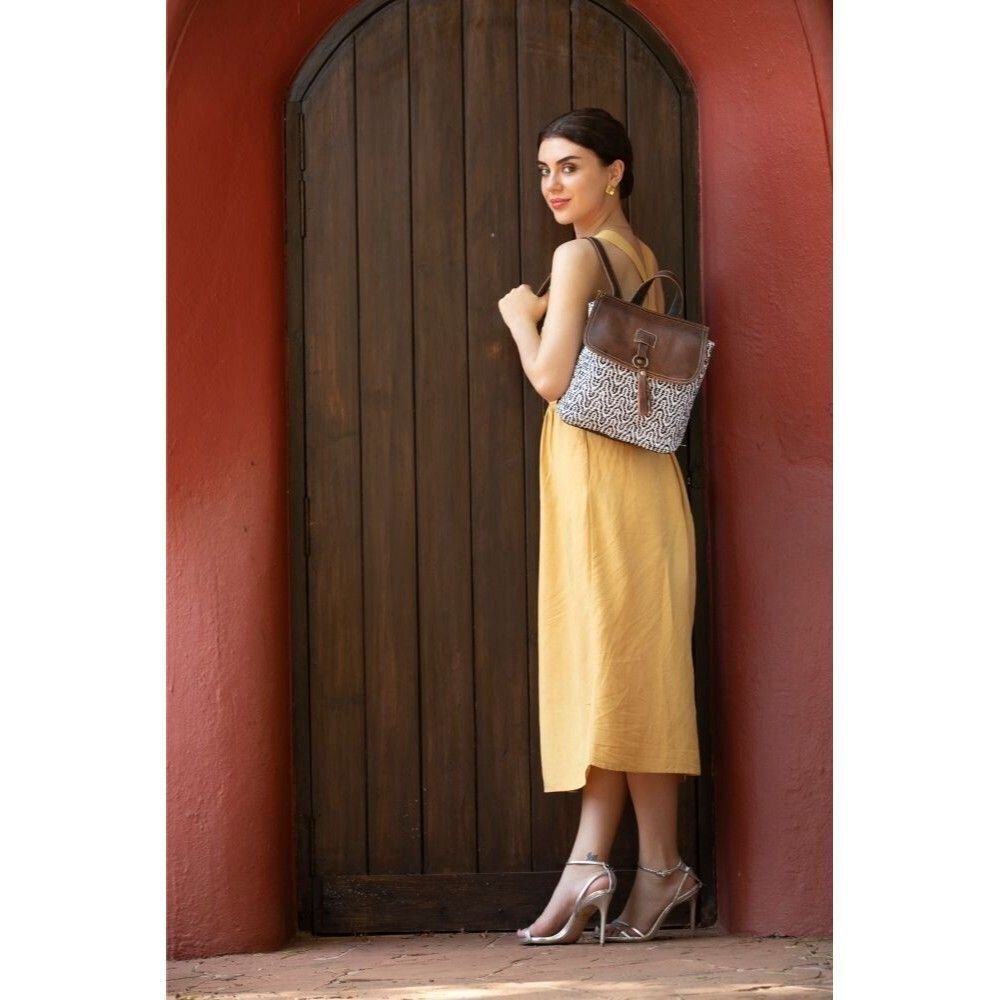 Myra Bag Handmade Leffis Backpack Upcycled Canvas & Cowhide Leather